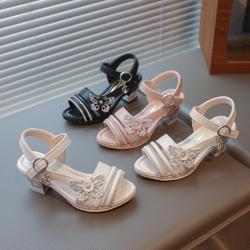 Girls' Summer Sandals with Rhinestone Butterflies, Children's Fashionable High Heels, Versatile Princess Style