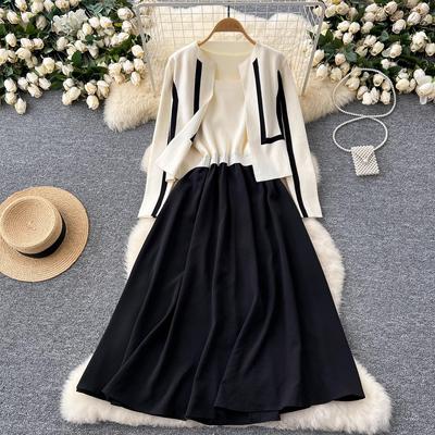 Autumn Winter Elegant Contrast Knitt 2 Piece Set Women Colorblock Cardigan Sweater Sleeveless Vest Knit Dress Gentle Chic Suits