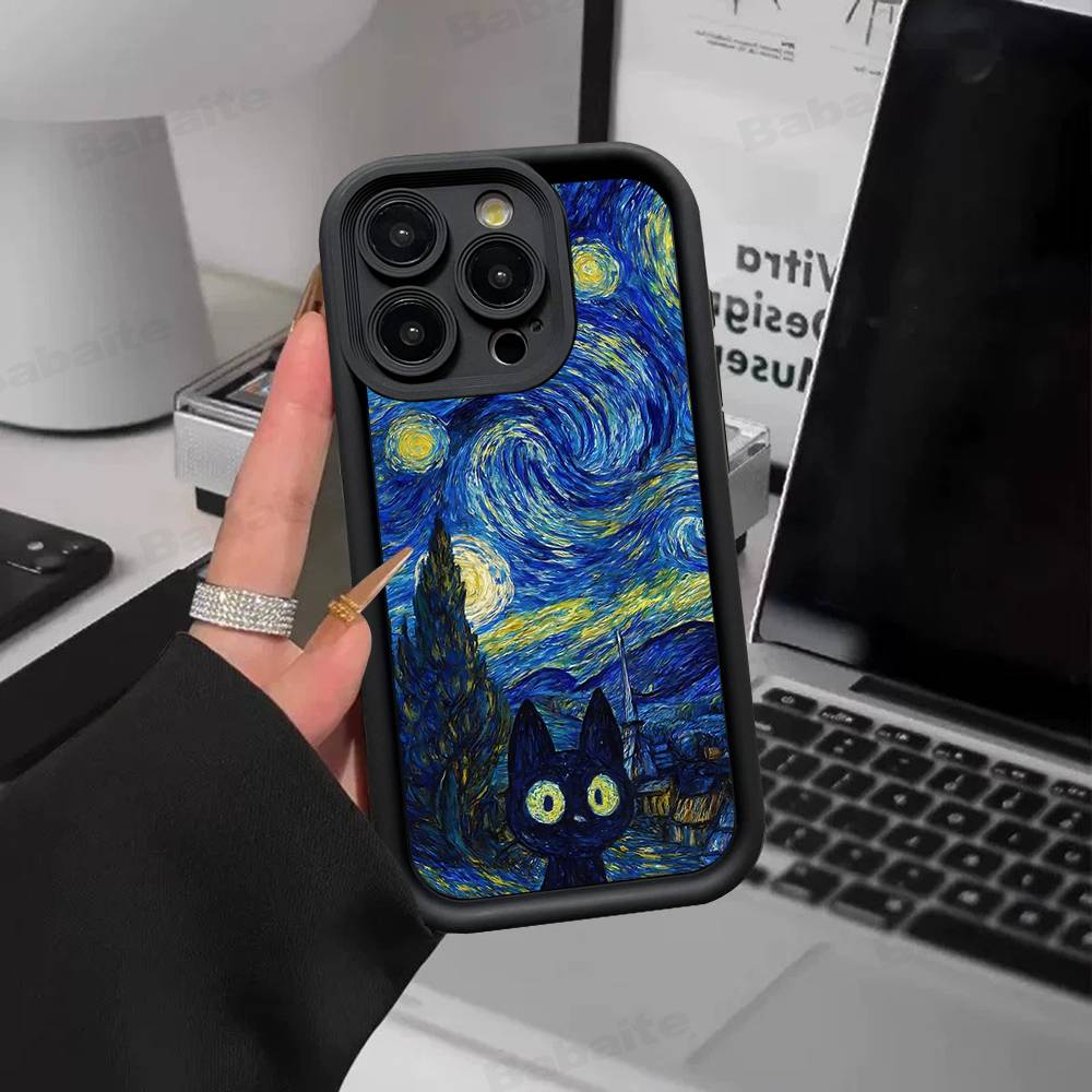 

Black Cat Van Gogh Silicone Soft Phone Case For IPhone 17 16 14 13 12 11 15 Pro Max Plus Air Cover iPhone 13pro max