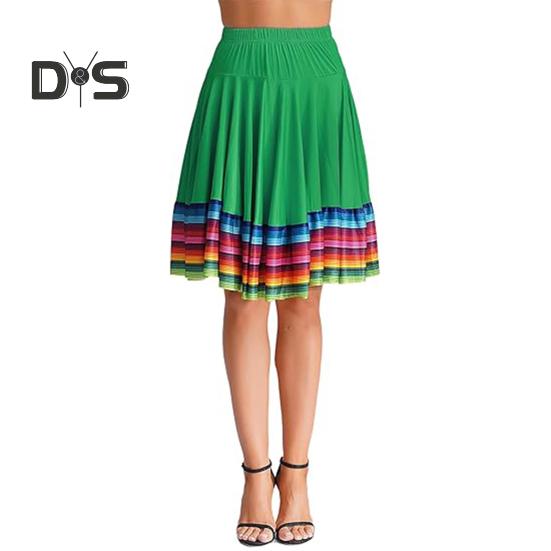 Midi Skirt Ladies Folk Dance Skirt Elastic High Waist Spanish Swing Skirt Rainbow Large Swing Hem Mexican Flamenco Performance Skirt
