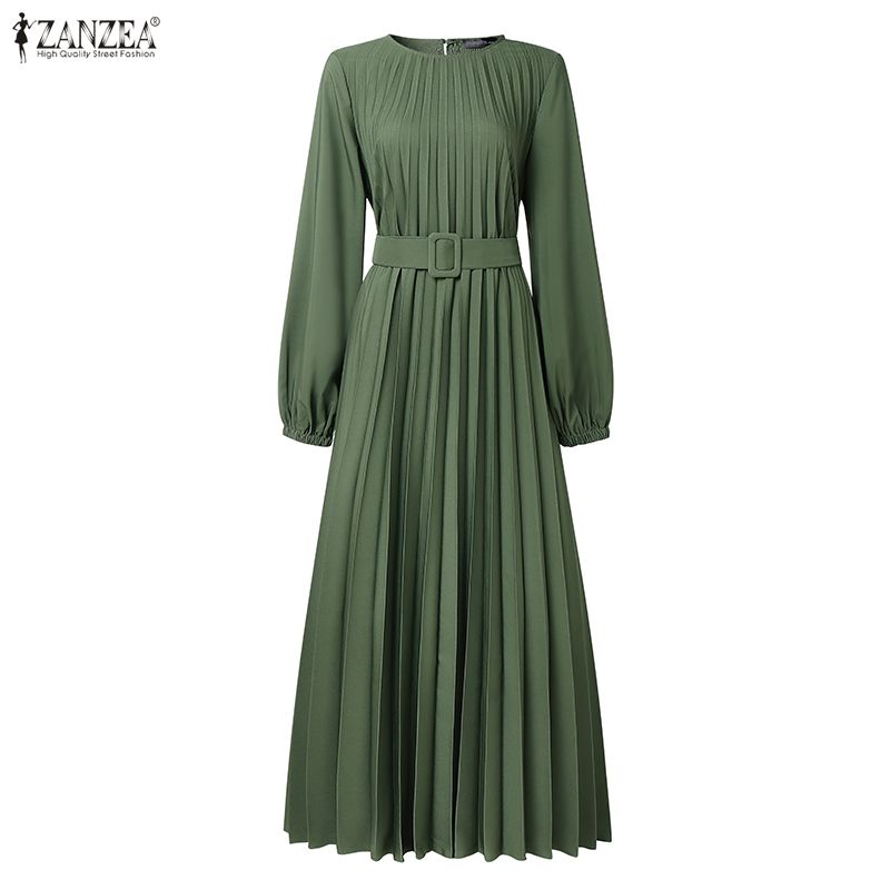 ZANZEA Dámské ležérní šaty s kulatým výstřihem, volné, s dlouhým rukávem, plisované, dlouhé