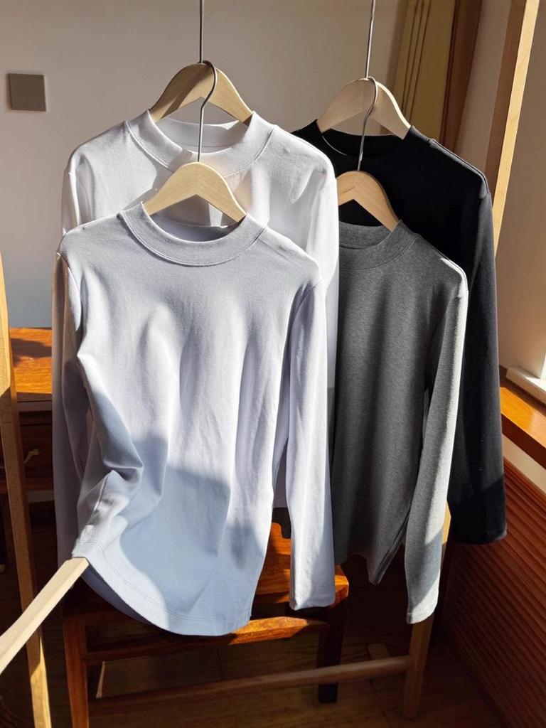 Exquisite Women's Long Sleeve Pure Cotton Stand-up Collar T-shirt - Slightly Loose Fit, Early Spring Round Neck Base Layer