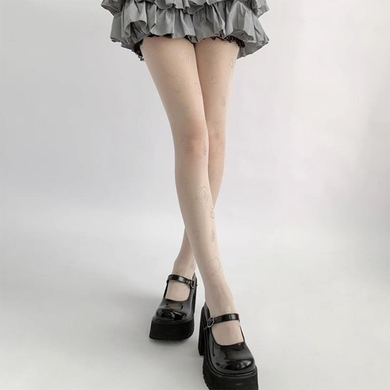 Women Sweet Ultra-Thin Sheer Pantyhose Stockings Japanese Style Glittering Rhinestones Heart See-Through Tights Leggings
