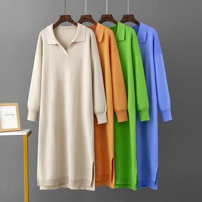 Women Autumn Winter Polo Collar Underlay Knitted Loose Large Solid Color Dresses