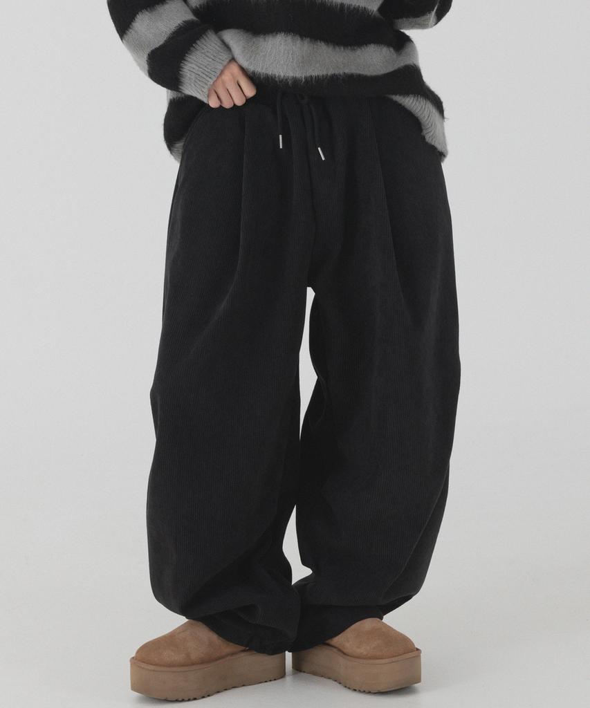PIANER Corduroy Bonded Wide Parachute Pants (Black)