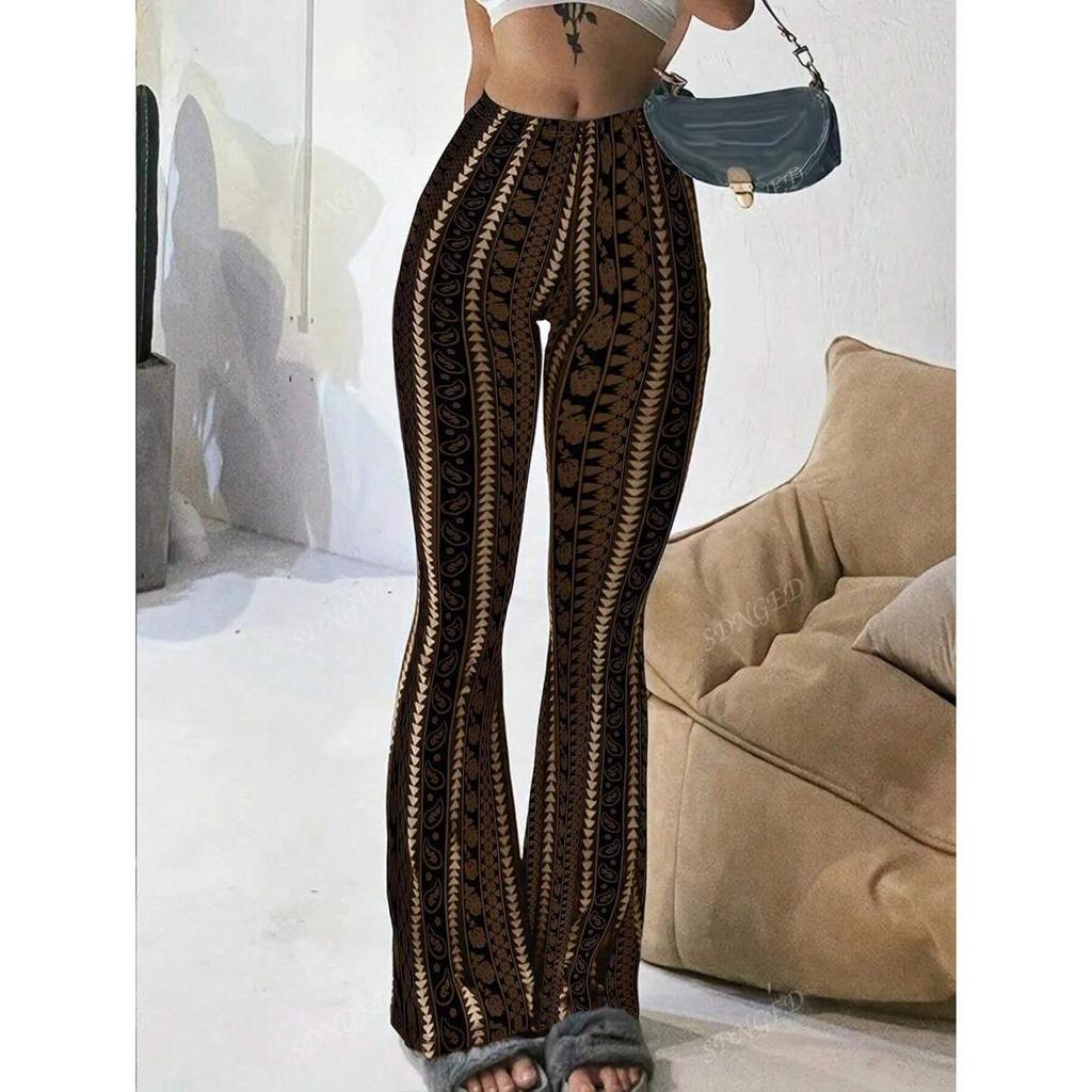 Women's Flared Pants with Paisley and Stripe Pattern, High Waist Bell Bottom Trousers