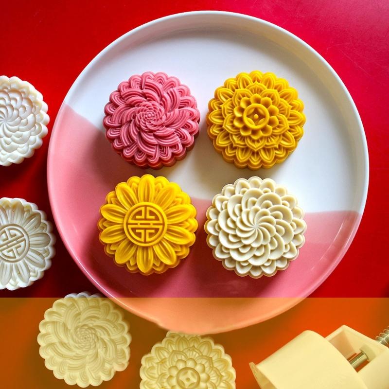 Functional Mooncakes Molds Set 4 Stamp Mooncakes Maker Delicate 3D Textured Pattern for Pastries Treat Designs
