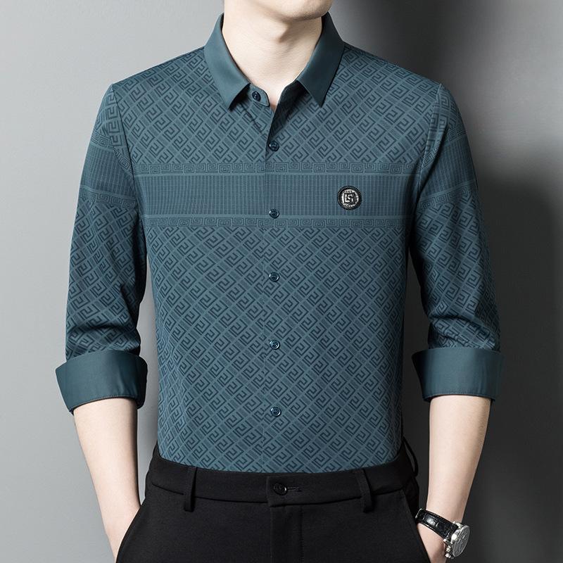Autumn and Winter New Men's Lapel Long-Sleeved Shirt Young and Middle-Aged Business Casual Printing Stylish Shirt