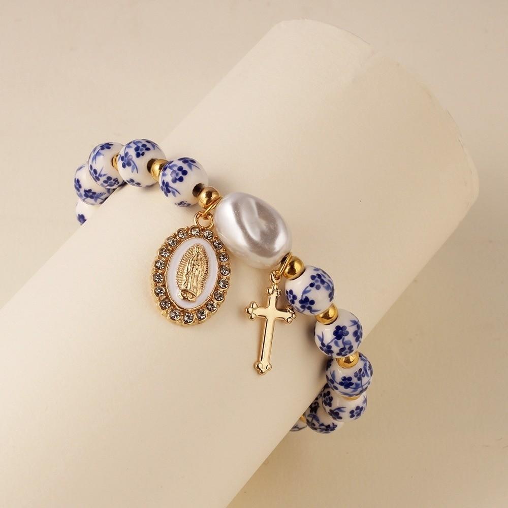 Chinese Style Blue and White Porcelain Bracelet Elastic Vintage Beaded Bow Bracelet Versatile Pretty Ceramic Bracelet for Women