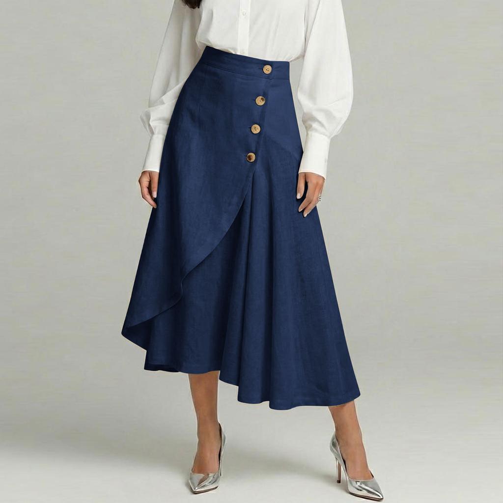 Women's Fashionable Cotton-Linen High-Waisted Button-Front Asymmetrical -Color Skirt