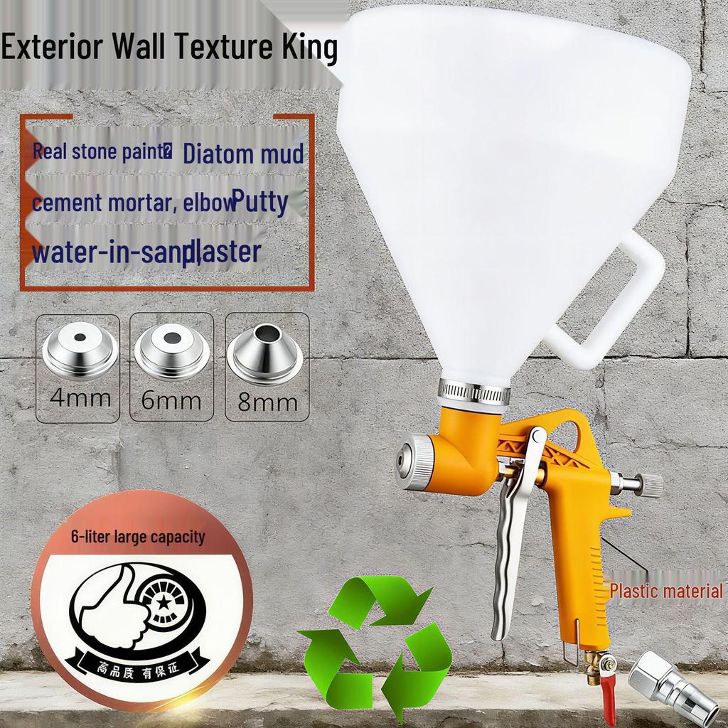 Putty King Spray Gun: 6L Exterior Wall Stone Paint & Cement Mortar Texture Hopper, with 3L Orange Sprayer.