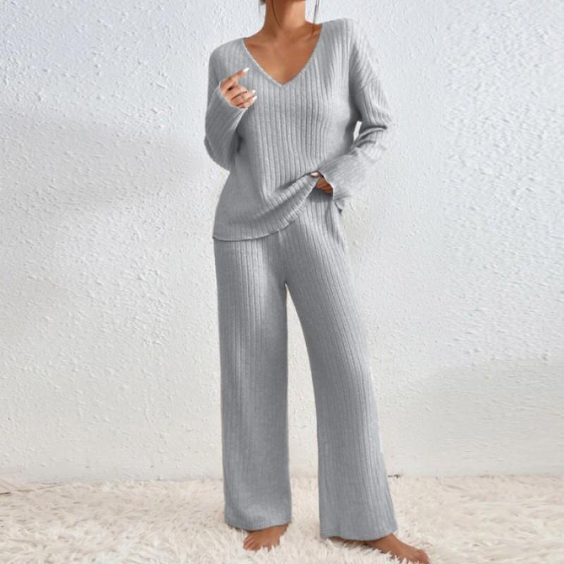 Womens Long Sleeve V-Neck Solid Color Knit Top Casual Pants 2-Piece Set Fall 2026