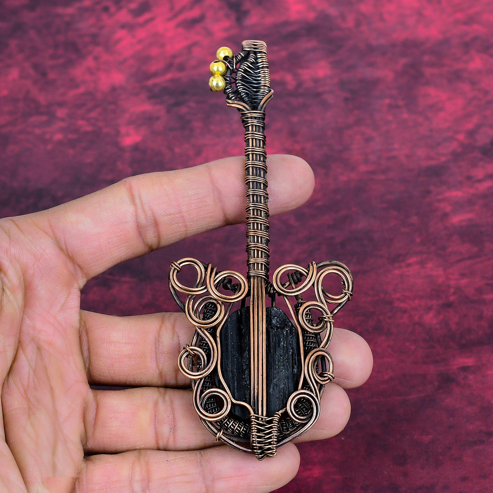 Black Tourmaline Rough Gemstone Pendant Guitar Copper Wire Wrapped Unique Pendant