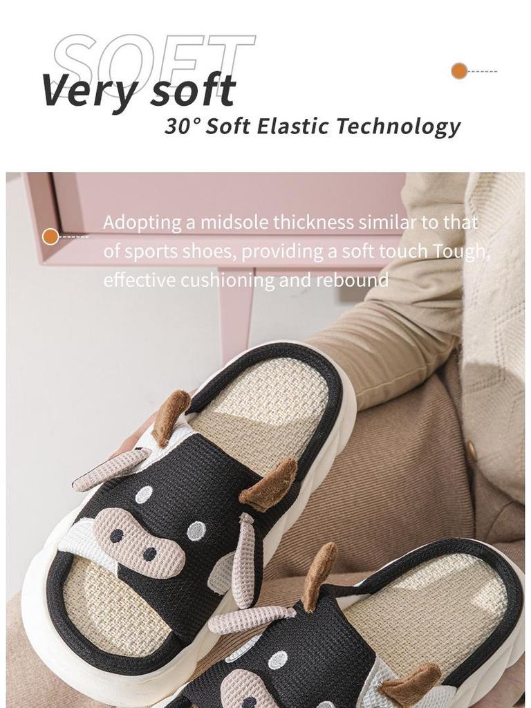 Universal Cow Print Linen Slippers: Cute, Non-Slip, Odor-Proof, Four Seasons, Thick Sole