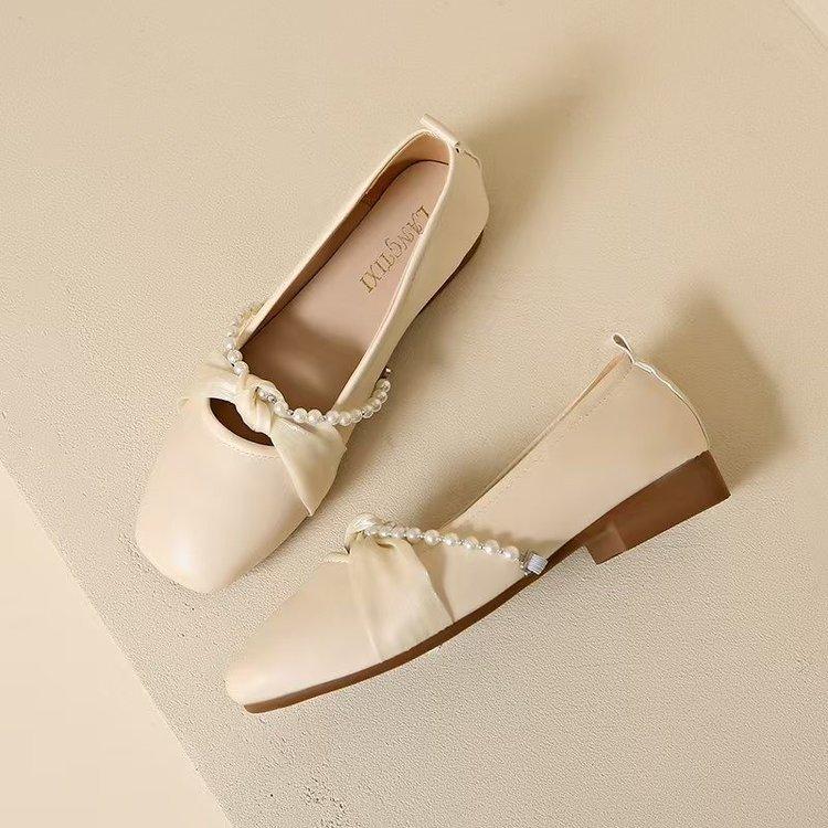 French gentle wind single shoes women's spring flat bottom 2025 new pearl ladyshoes soft sole Doudou shoes square head shallow mouth women's shoes