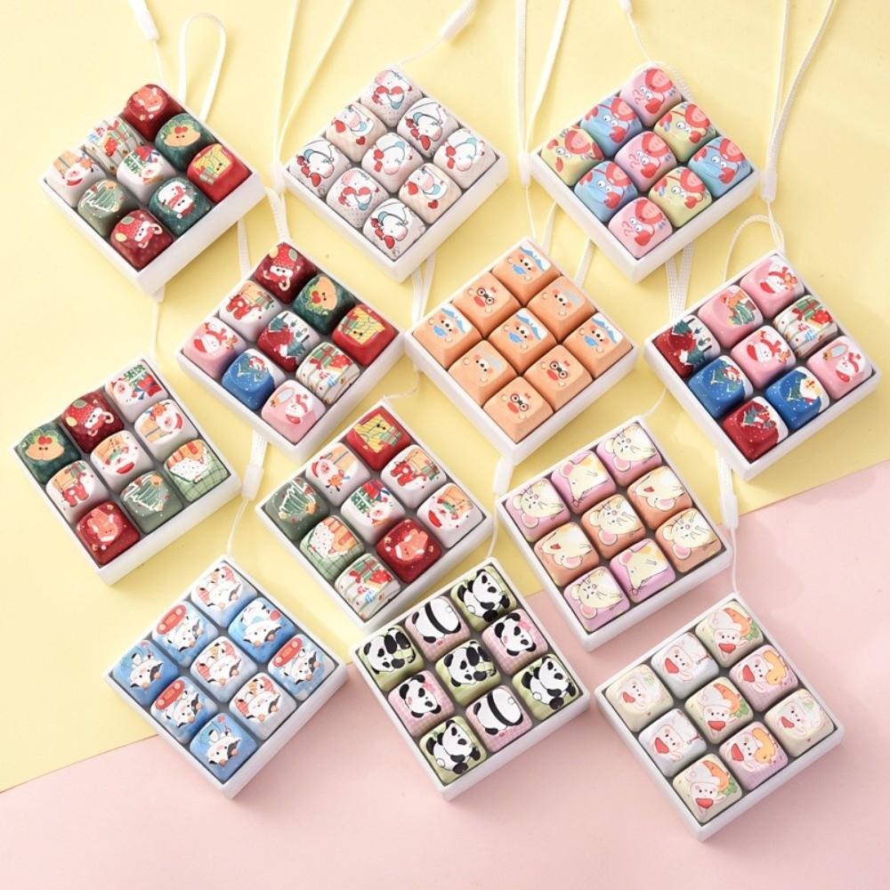9-Key Keycap Fidget Keychain Cartoon Animals Keyboard Clicker Toy Keyring Christmas Gift