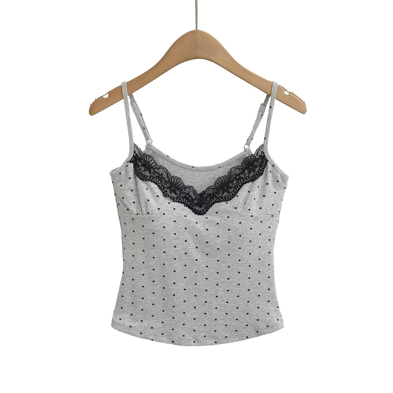 

Женская приталенная майка в горошек с кружевной отделкой, весна/лето 2025 Small серый