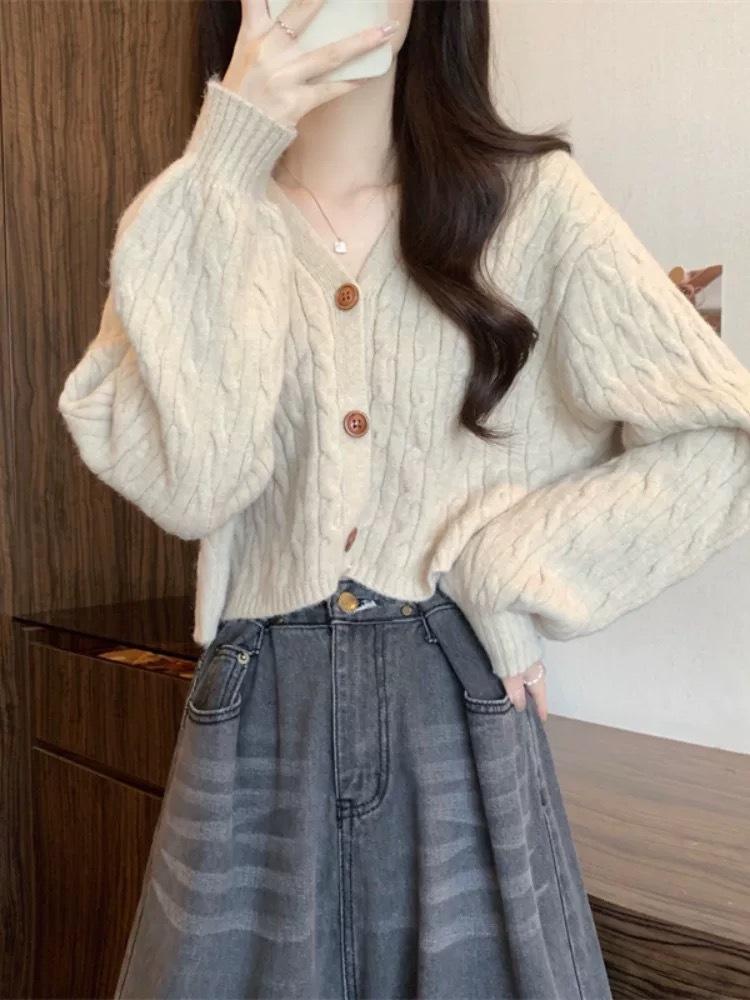 Vintage V-Neck Twist Sweater Coat Loose Long Sleeve Sweater Top One size