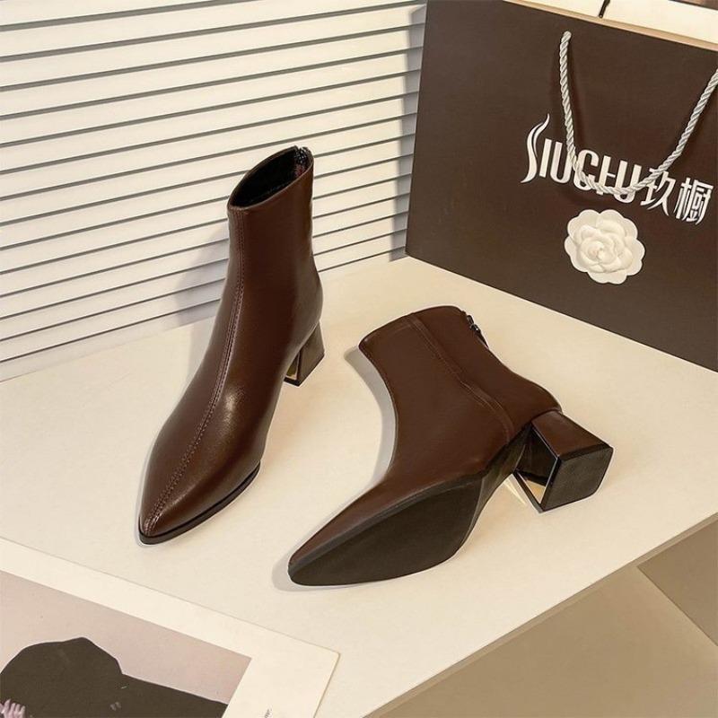 High Heel Boots Thick Heel Pointed Fashion Boots Women's Autumn and Winter New Versatile Women's Boots Rear Zipper Short Boots Women's