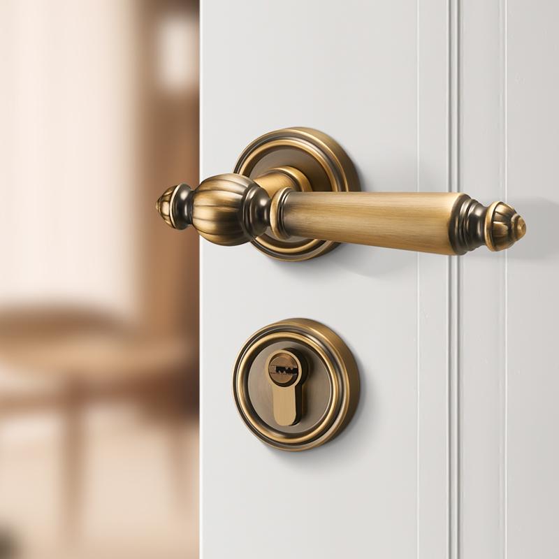 Indoor Door Lock, Bedroom Wooden Door Lock, Shiny Silver Split Retro Set, Gold Silent Handle Lock