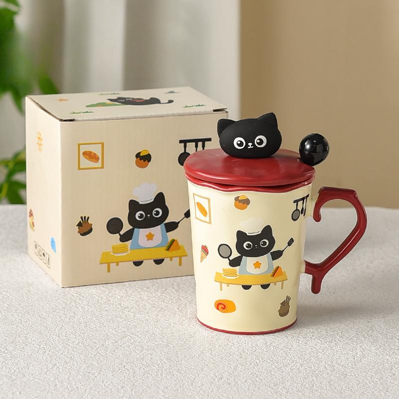Niedliche Katze Keramiktasse Becher mit Deckel und Löffel für Mädchen mit hochwertigem Design Nische Büro Wasserbecher