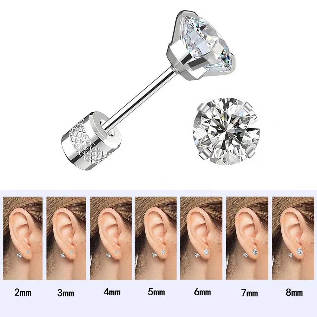 Double Sided CZ Screw Back Stud Earrings Round Clear Zircon Silver‑Tone Men Women Ear Piercing Jewelry