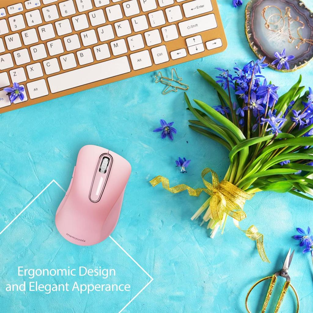 memzuoix Wireless Ergonomic 1400DPI Optical Instant Insertion USB Receiver 5 Compatible with Chrome Pink Mouse, 2.4GHz, Design, Long-Term Use,
