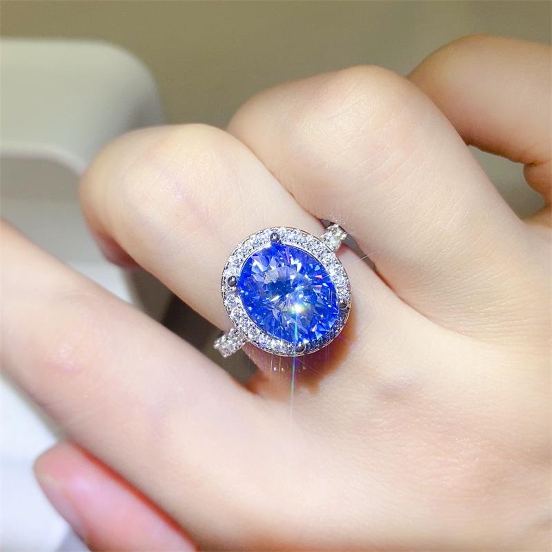 Luxury Blue 5 Carat Pigeon s Egg Moissanite Oval Ring - European & American Style Size 11