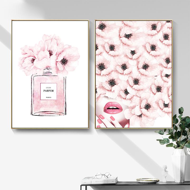 Nordic Pink Fashion Wall Posters Perfume Bottle Canvas Painting Lips Wall Art Modern Flower Print Pictures Girl Bedroom Decor
