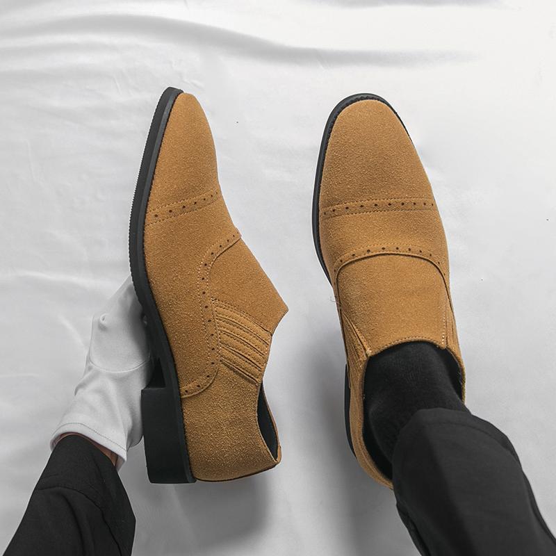 Britain Designer New Men's Pointed Suede Leather Brogues Shoes Male Black Brown Slip on Casual Loafers Formal Dress Footwear