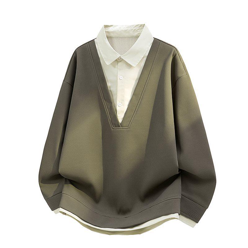 Men's Spring Color Block Patchwork Two-In-One Hoodie Polo Shirt