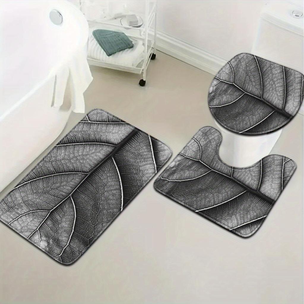 Nordic Gray Leaf Texture Bathroom Floor Mat Set 3pcs Non-Slip Absorbent Toilet Lid Cover U-Shaped Rug and Decorative Bath Mat