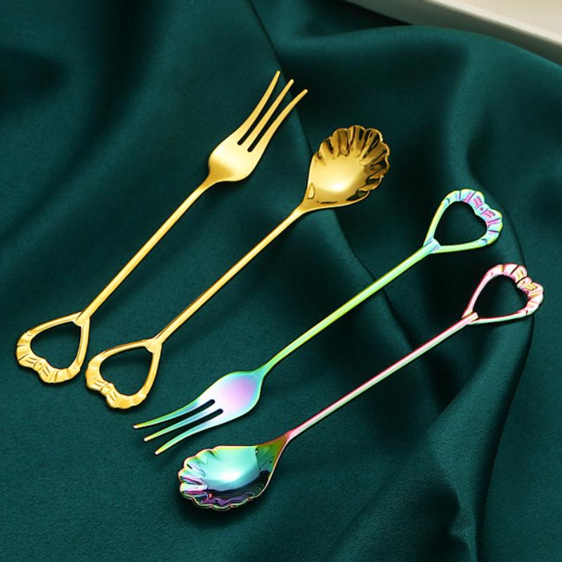4-teiliges mehrfarbiges kleines Gabel-Set aus Edelstahl für Desserts, Eis, Kuchen, Gabeln, Tee, Snack, Obst, Gabel, Spiegel, Geschirr, Besteck, Besteck