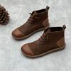 Johnature bottes courtes rétro en cuir de vache faites à la main, bout rond, sangle élastique, chaussures décontractées en cuir véritable pour femmes