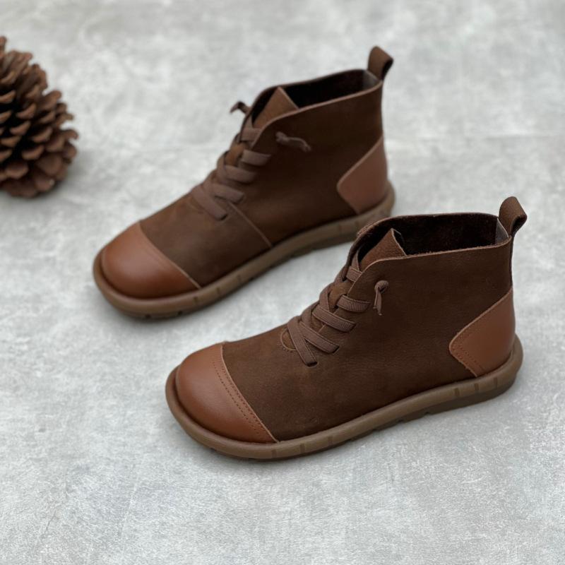 Johnature bottes courtes rétro en cuir de vache faites à la main, bout rond, sangle élastique, chaussures décontractées en cuir véritable pour femmes