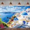 1 Piece of Polyester Background Cloth for a Greek Island Beach Town, with Blue and White House Design