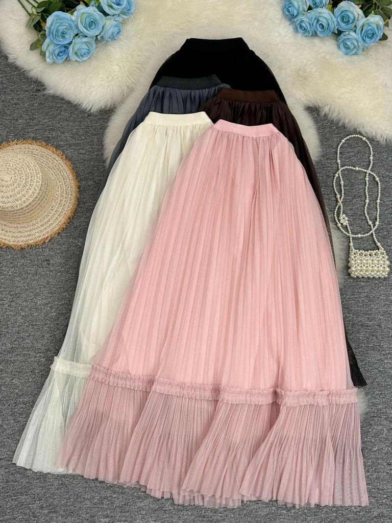 Women's Retro A-line Mesh Patchwork Skirt - Mid-length and Versatile for Commuting and Gentle Style