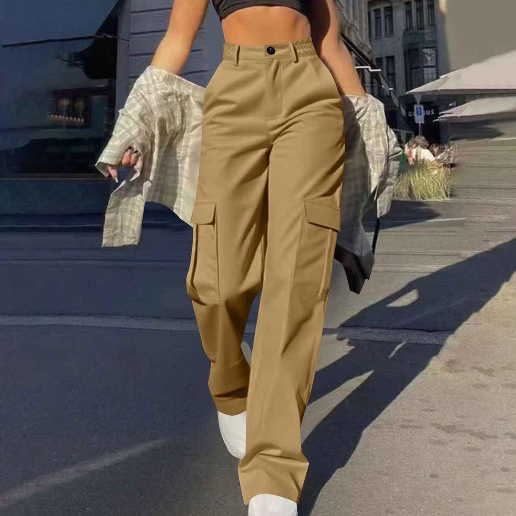 Womens Trendy Casual Streetwear Baggy Cargo Pants With Pockets Wide Leg Trousers Loose Overalls Long Pants