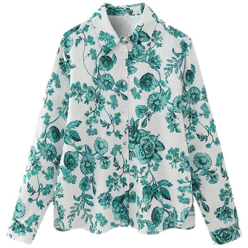 

Fall Women s Clothing Loose Long Sleeves Lapel Print Shirt Green L