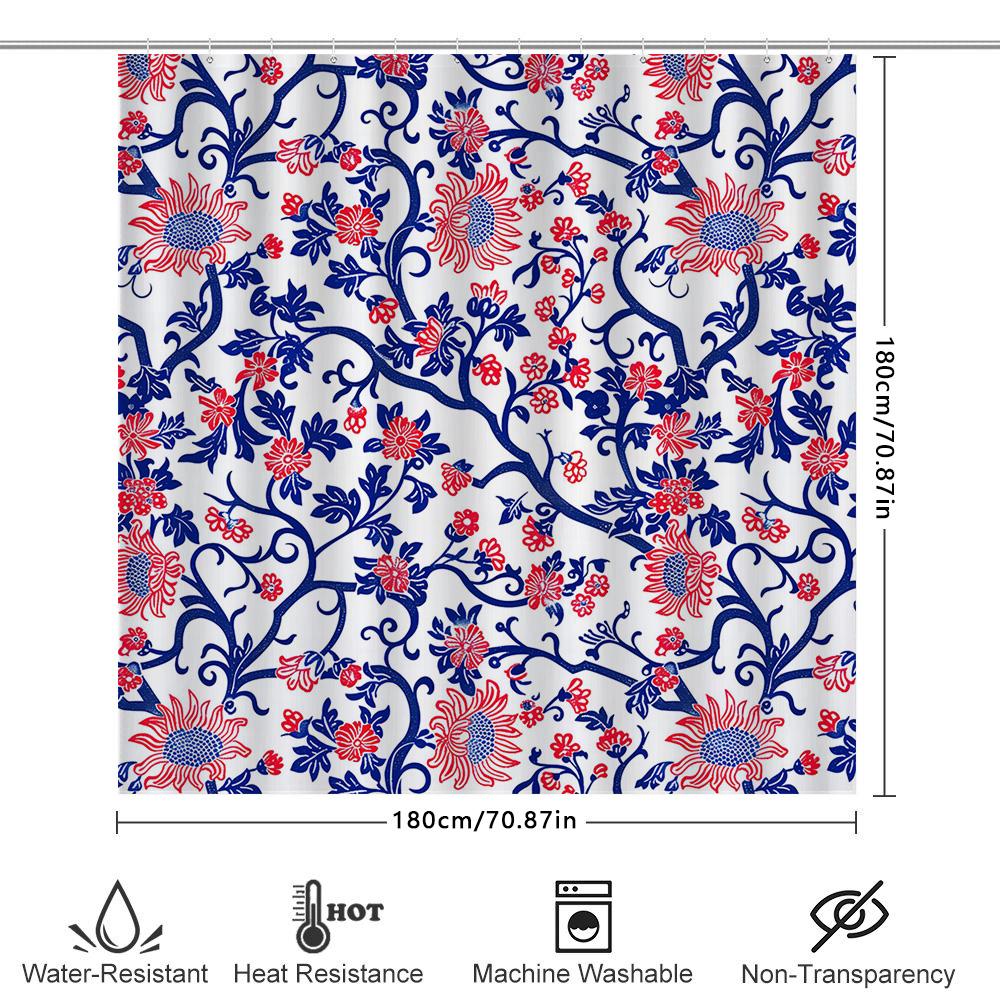 Vintage Blue Red Floral Shower Curtain Fabric For Bathroom Decor Waterproof Bath Mat Set Home Accessories (128 Characters)