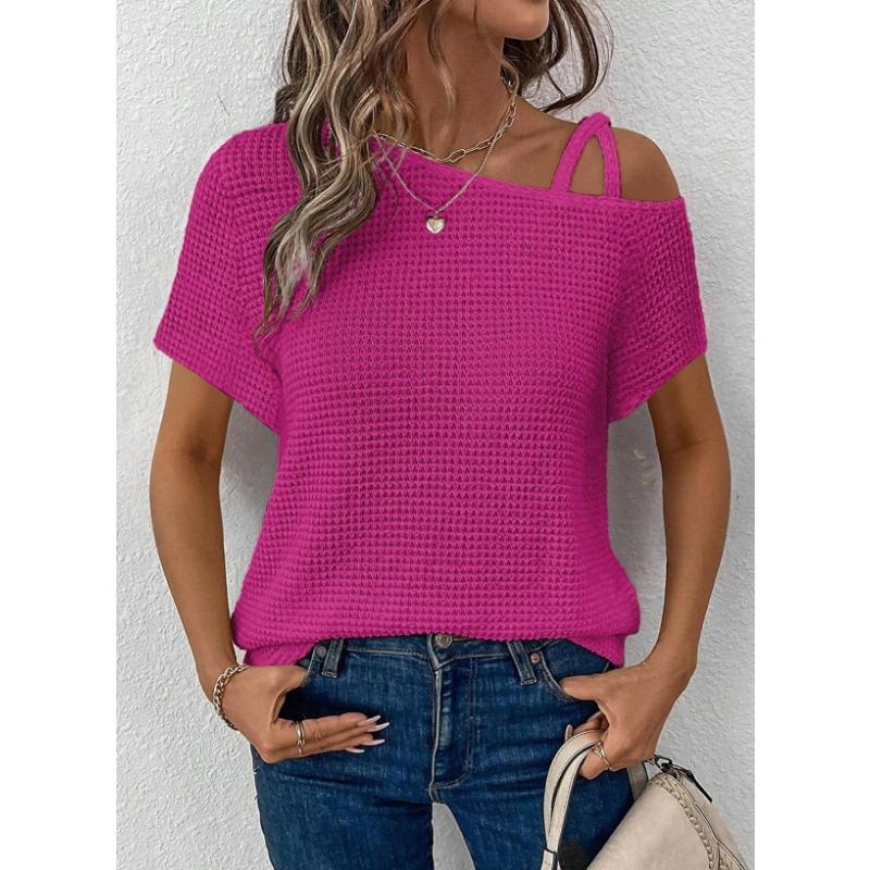 Short-sleeved Solid Tops for Women Summer New Styles Versatile Off-shoulder Knitted Women's Clothing
