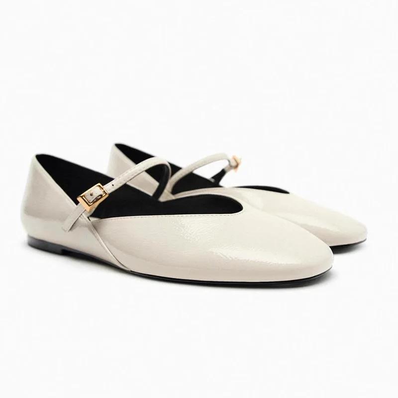 New  Spring Designer Red Women Ballet Shoes Casual Round Toe Flats Buckle Patent Leather Female Dress Shoes