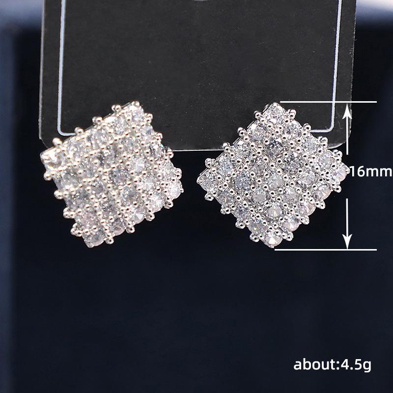 High-End Geometric Rhombus Tide Stud Earrings, Full Of Zirconium Retro Hong Kong Style, Row Of Diamonds Fashionable Ol Earrings