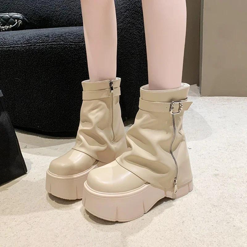 

New Autumn High Chunky Heeled Pants Boots for Women Mid-calf 8cm Platform Wedges Zip Luxury Design Fashion Shark Booties Winter 34 бежевий