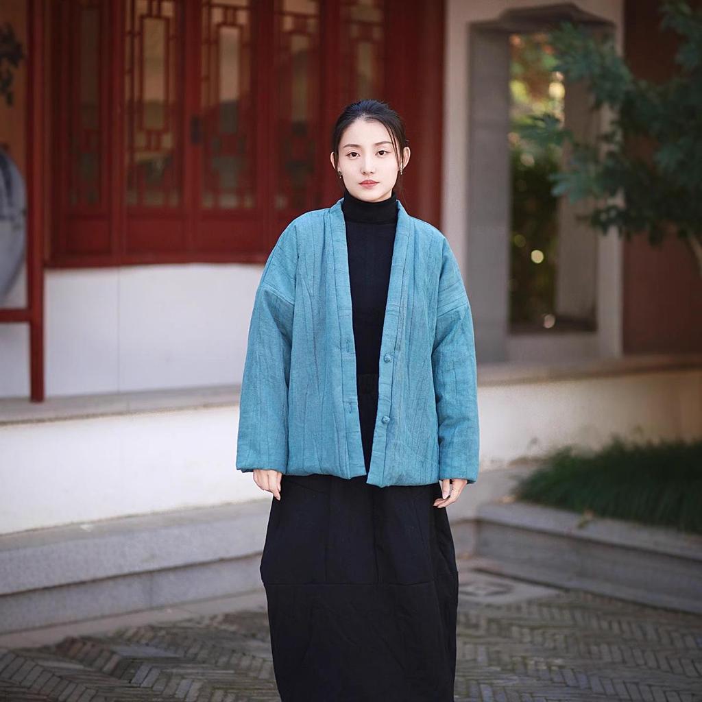 Vintage Chinese Tie-Dye Winter Cotton Coat with Buttons and Ramie Quilting