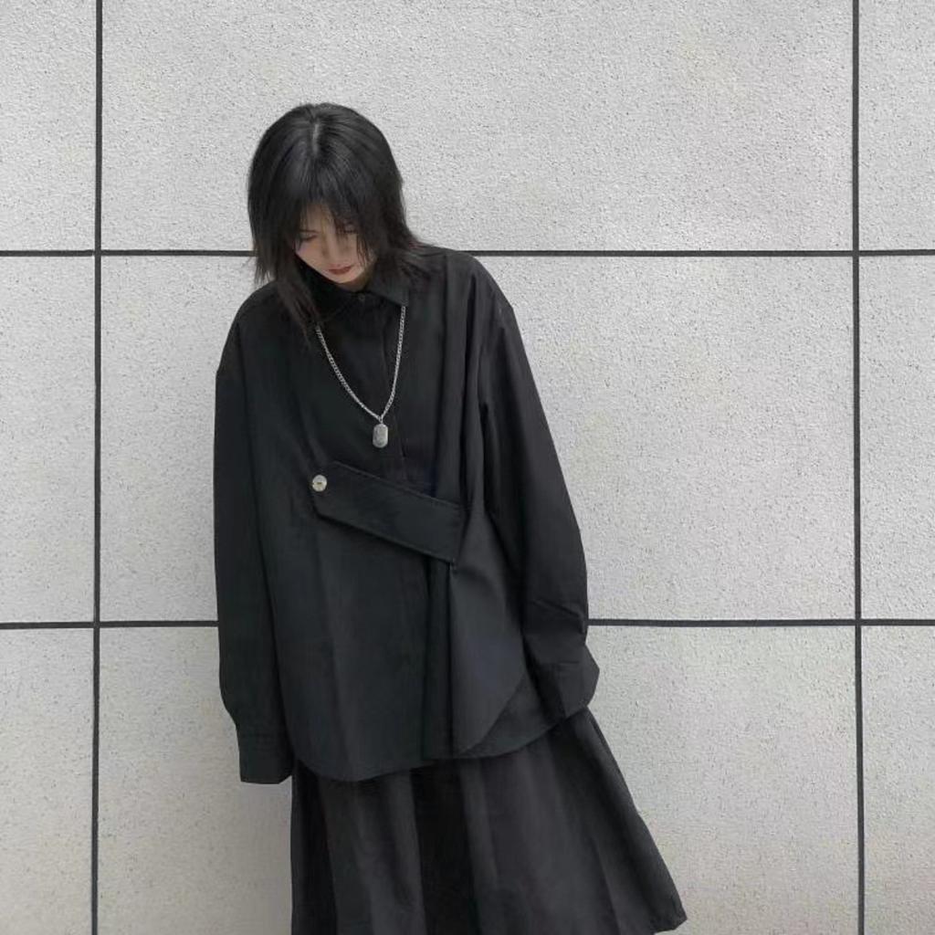 Yohji Yamamoto Dark Style Irregular Shirt for Women, Loose Long Sleeve Shirt with Turn-down Collar, Trendy Unisex Top