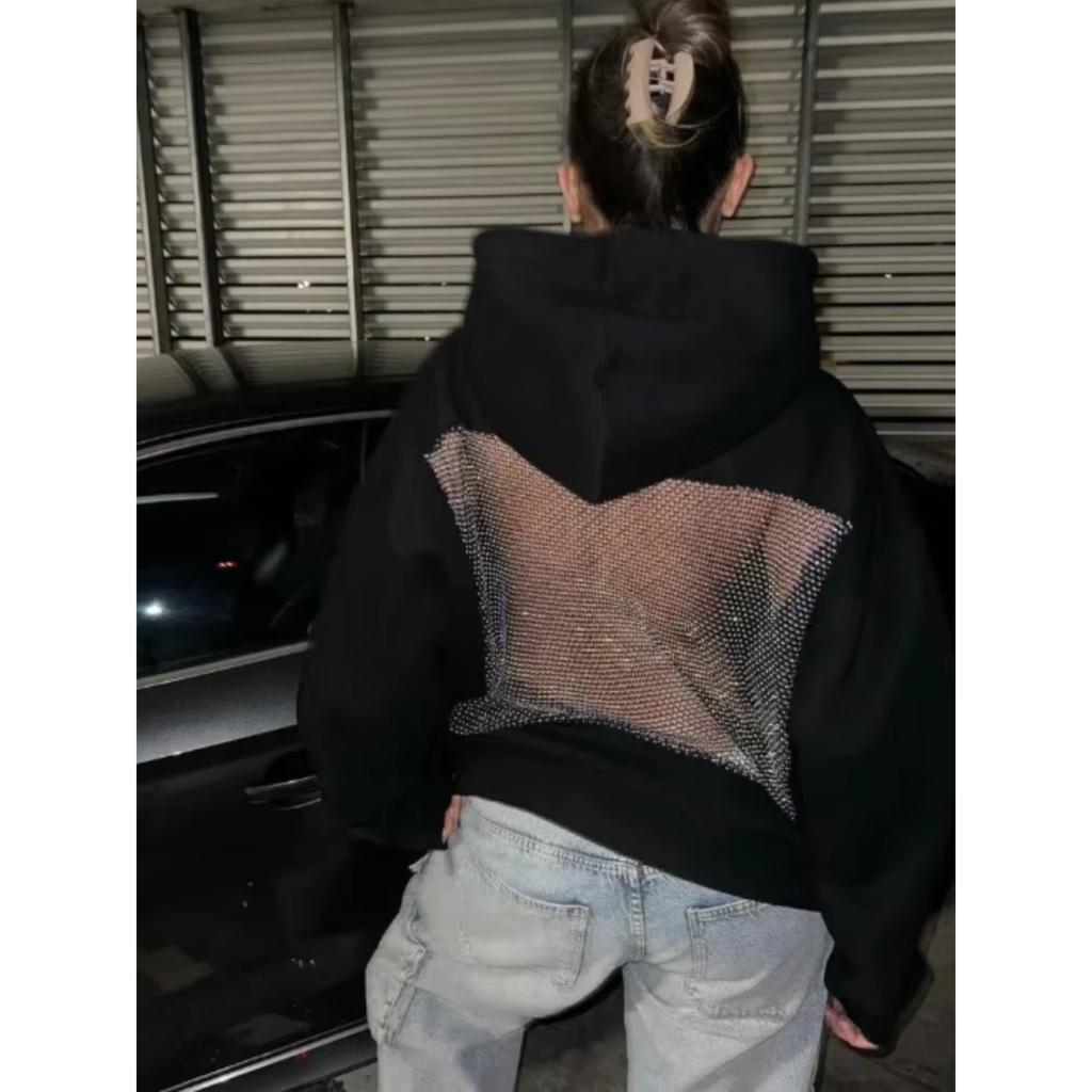 Felpa con cappuccio gotica americana sexy a rete traforata Y2K vestiti moda donna maglione pullover traslucido giacca casual a maniche lunghe