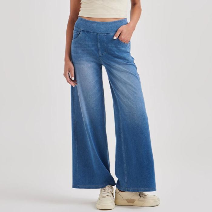 Women'S Jeans, Ladies Washed Casual High Waist Elastic Waistband Loose Fit Denim Pants and Clothing, Versatile Elegant Wide Leg Jeans for Women