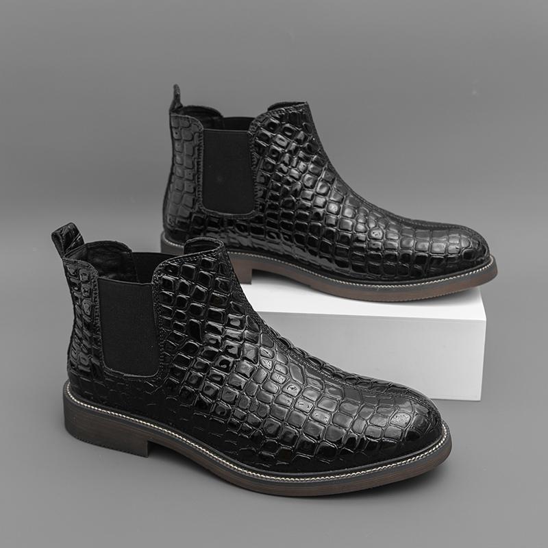 Men's Formal Chelsea Boots Woven Design Leather Ankle Boots Business Casual Dress Shoes for Autumn Winter Slip On High Top