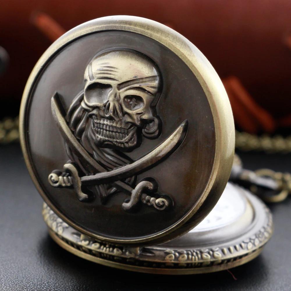 New Bronze Classic Crossed Sword Skull Arabic Digital Quartz Pocket Watch Necklace Pendant Clock Fob Chain Men's Women's Watches